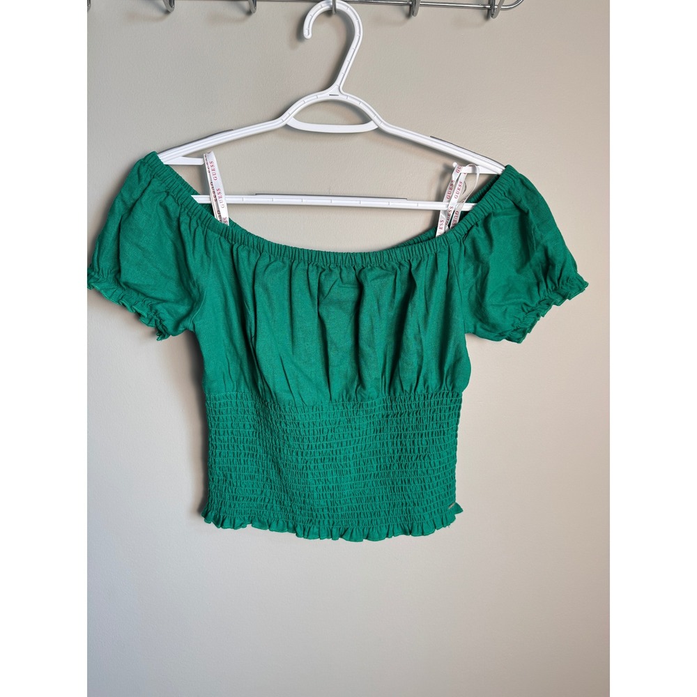 Guess Off The Shoulder Smocked Crop Top S Green Cottagecore Festival Milkmaid‎